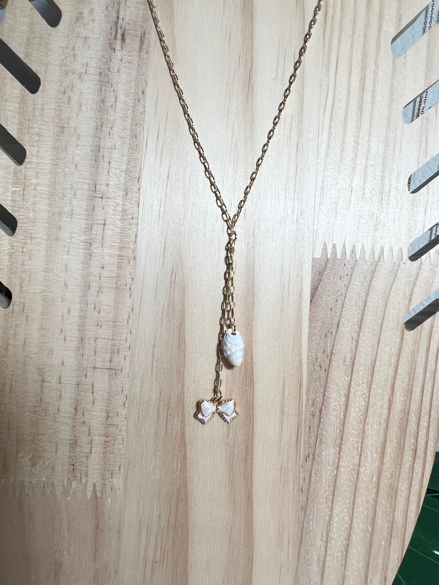 Lattice Miter and Bow Charm Dangle Necklace