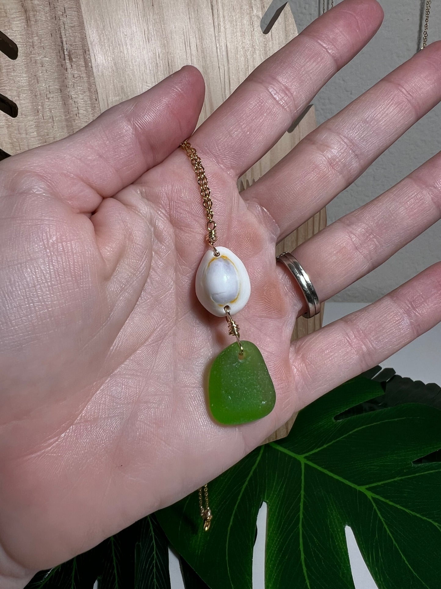 Cowry and Green Seaglass Necklace