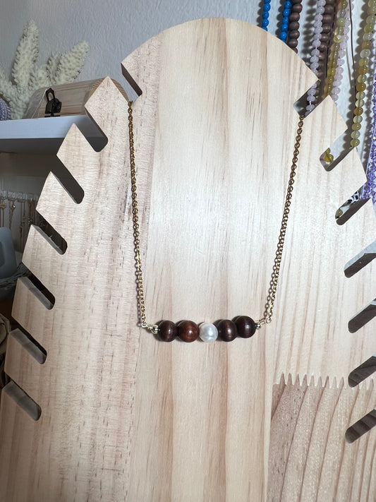 Wood and Pearl Necklace