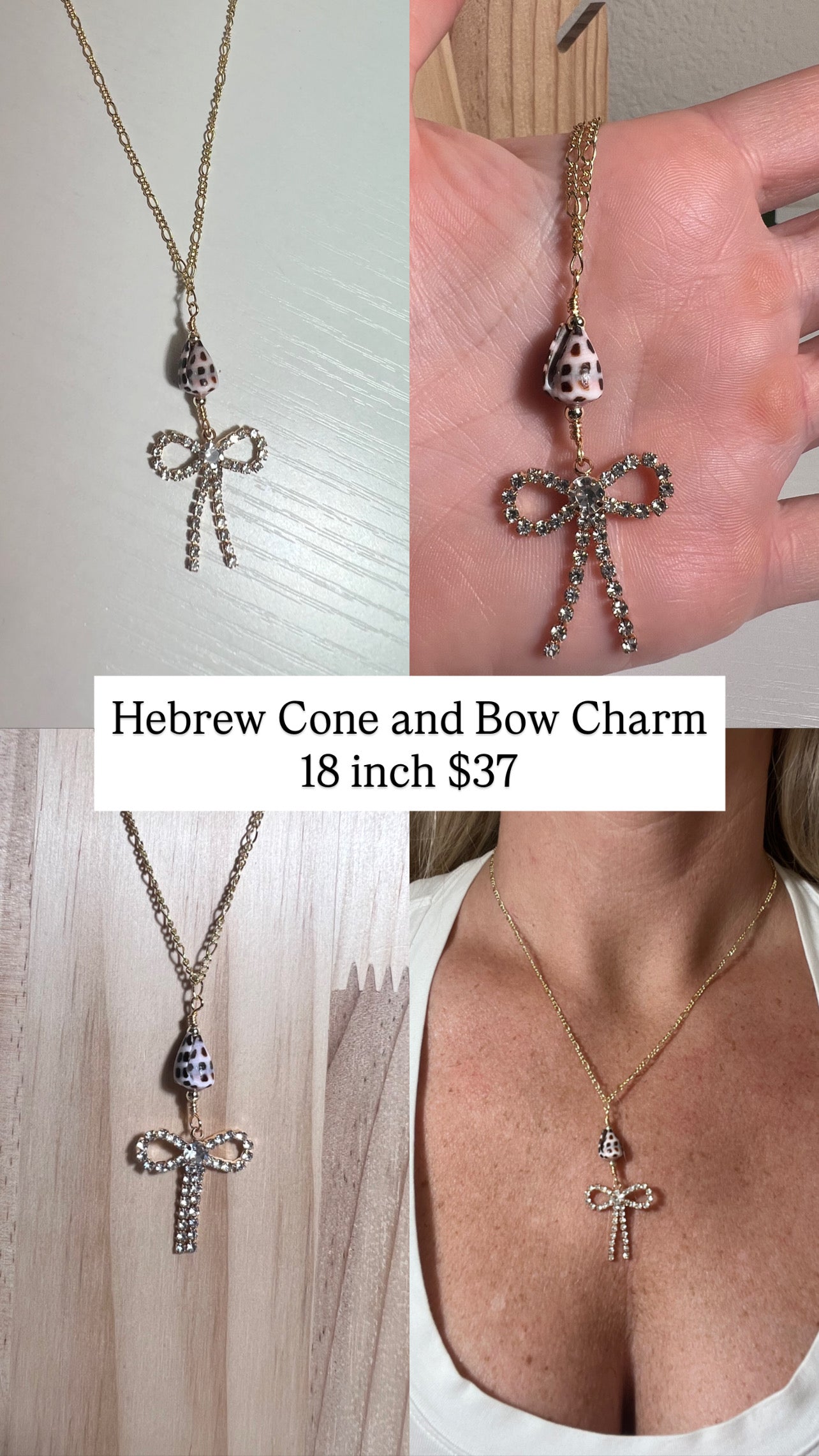 Hebrew Cone and Sparkly Bow Charm Necklace
