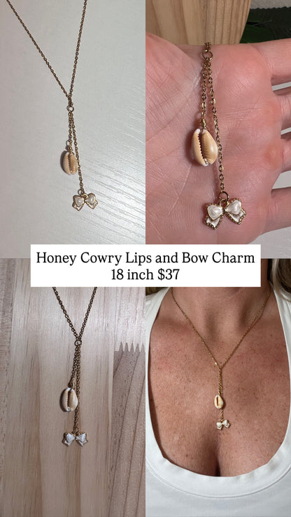 Honey Cowry Lips and Bow Charm Necklace