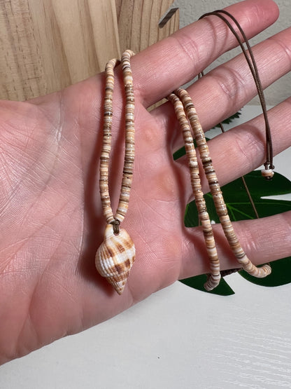 Nutmeg Shell and Puka Shell Beaded Adjustable Necklace