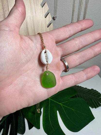 Cowry and Green Seaglass Necklace