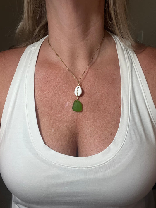 Cowry and Green Seaglass Necklace
