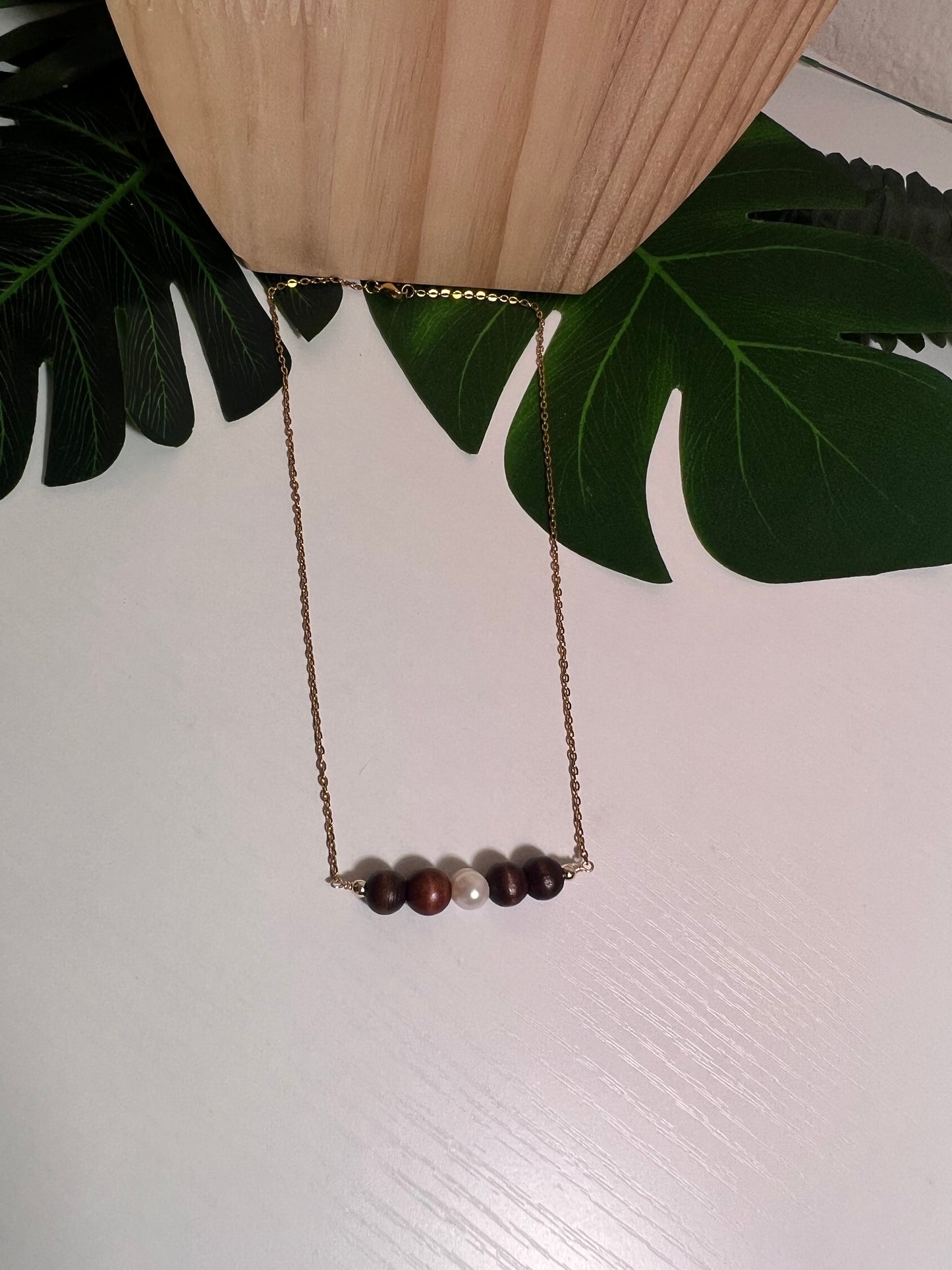 Wood and Pearl Necklace