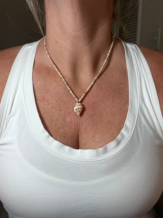 Nutmeg Shell and Puka Shell Beaded Adjustable Necklace