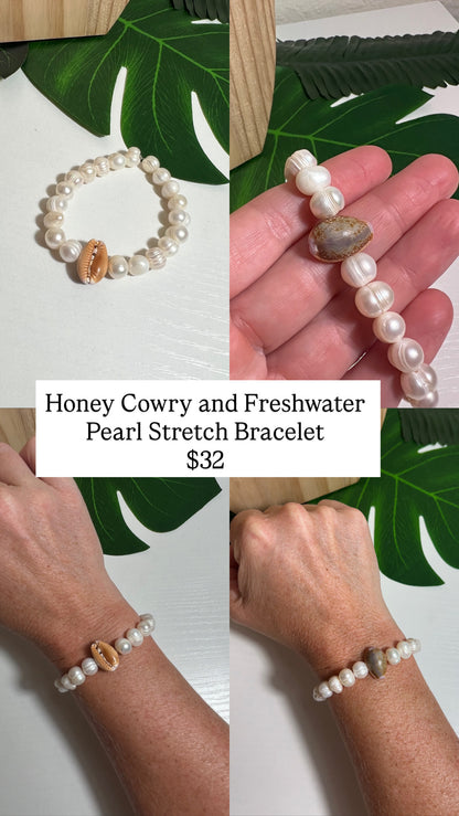 Honey Cowry and Pearl Stretch Bracelet