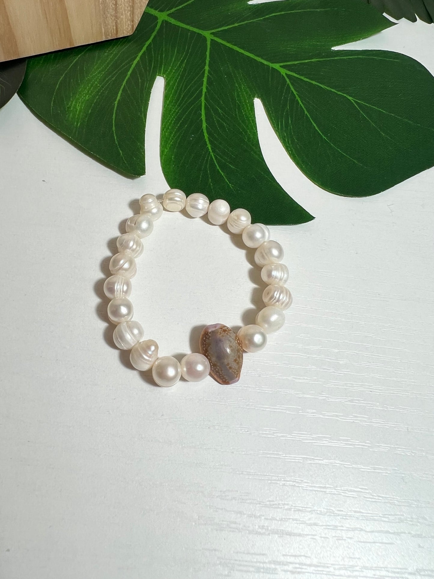 Honey Cowry and Pearl Stretch Bracelet