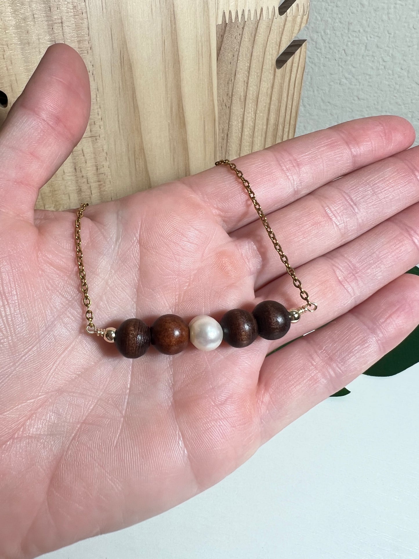 Wood and Pearl Necklace