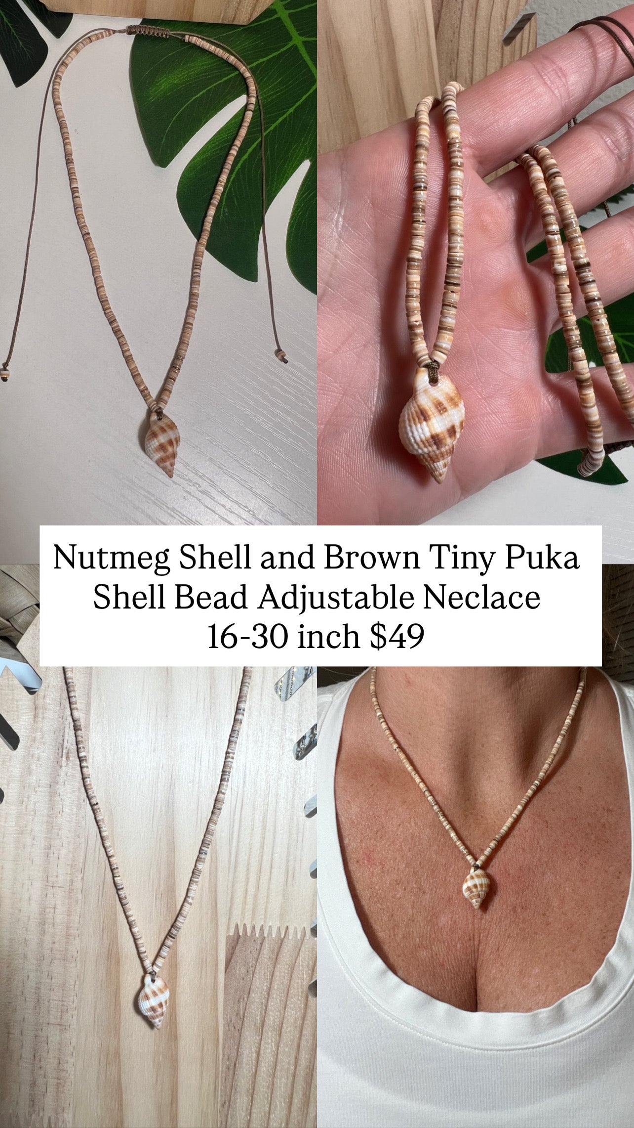 Nutmeg Shell and Puka Shell Beaded Adjustable Necklace
