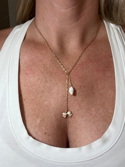 Lattice Miter and Bow Charm Dangle Necklace